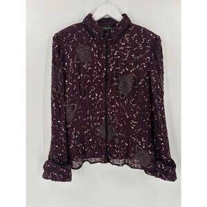 Chaudry Jacket Womens Large Purple Red Sequins Beaded Floral Silk Button Hooks
